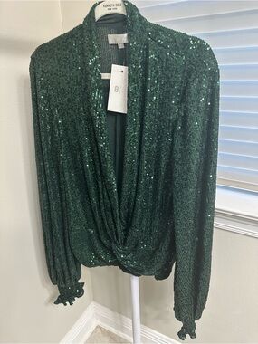 Caroline Constas Emerald Green Sequin Draped Blouse, Large, NWT
